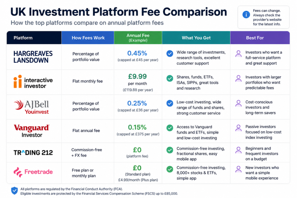 Comparison table of Hargreaves Lansdown alternatives UK showing platform fees for AJ Bell, Interactive Investor, Vanguard, Trading 212 and Freetrade.