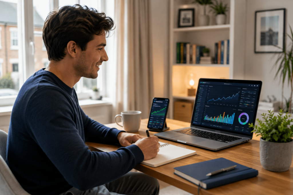 Young UK investor using a laptop to compare Hargreaves Lansdown alternatives and invest through an online investment platform.