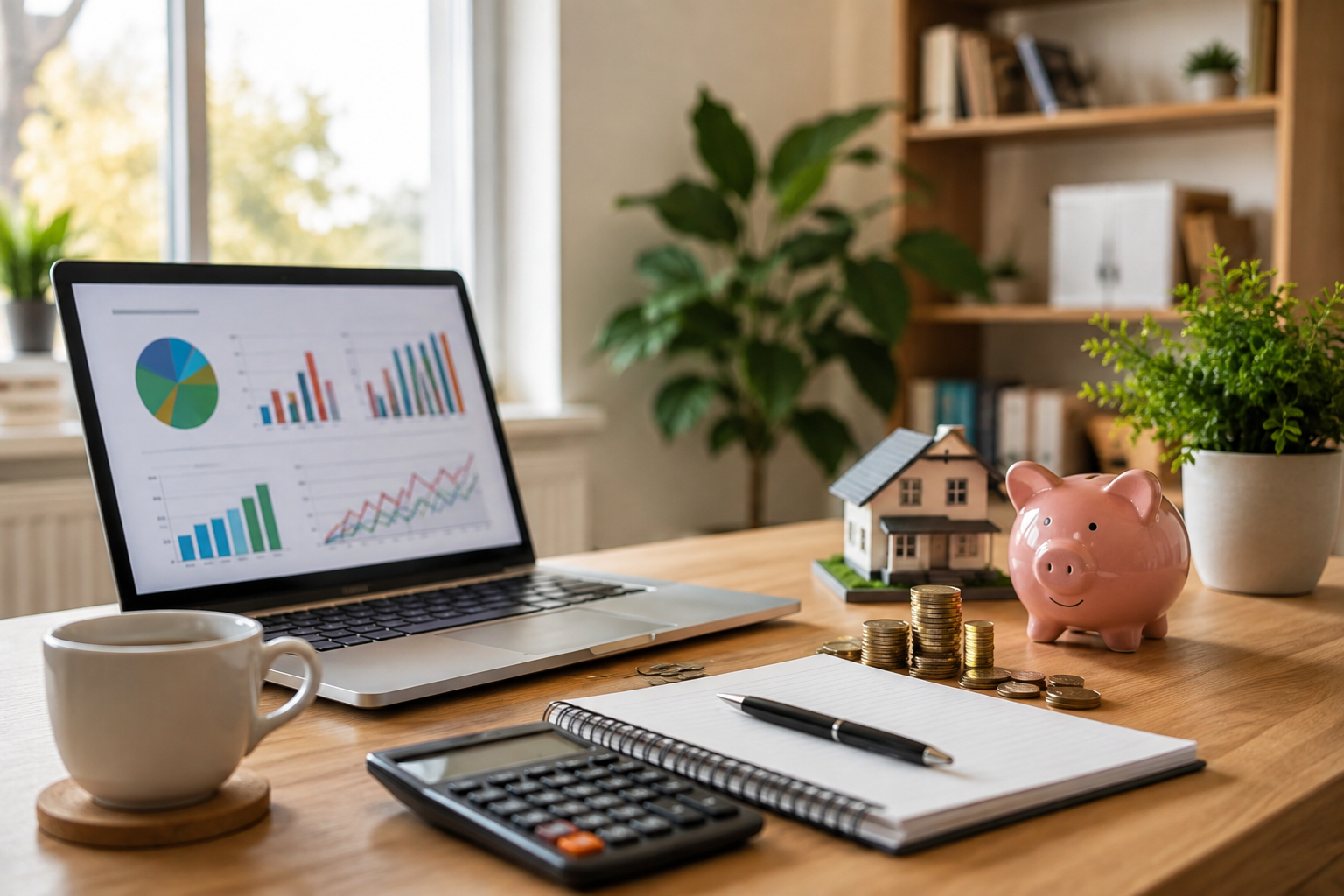 Financial planning workspace with budgeting tools, calculator, UK pound coins, savings jar, and financial growth charts.