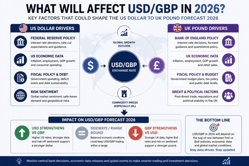 US dollar to UK pound forecast 2026 showing Fed and BoE policy, inflation, economic data, oil prices, and market sentiment drivers