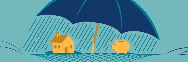 Illustration of an umbrella protecting a house and piggy bank
