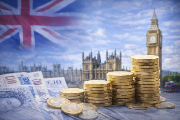 Grants and government funding with UK pounds and London skyline