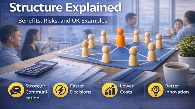 Flat business structure with employees collaborating in an open office environment