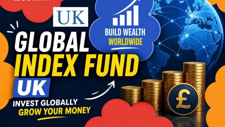 Global index fund UK illustration showing balanced international investment strategy.