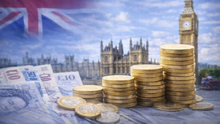 Grants and government funding with UK pounds and London skyline