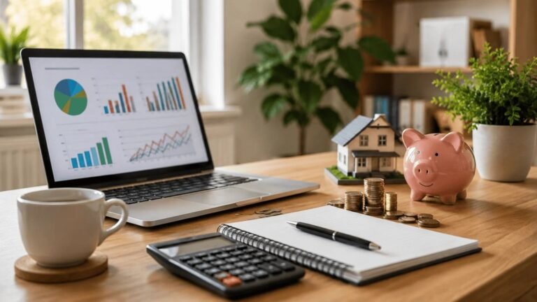 Budgeting workspace with a calculator, pound coins, a savings jar and growth charts