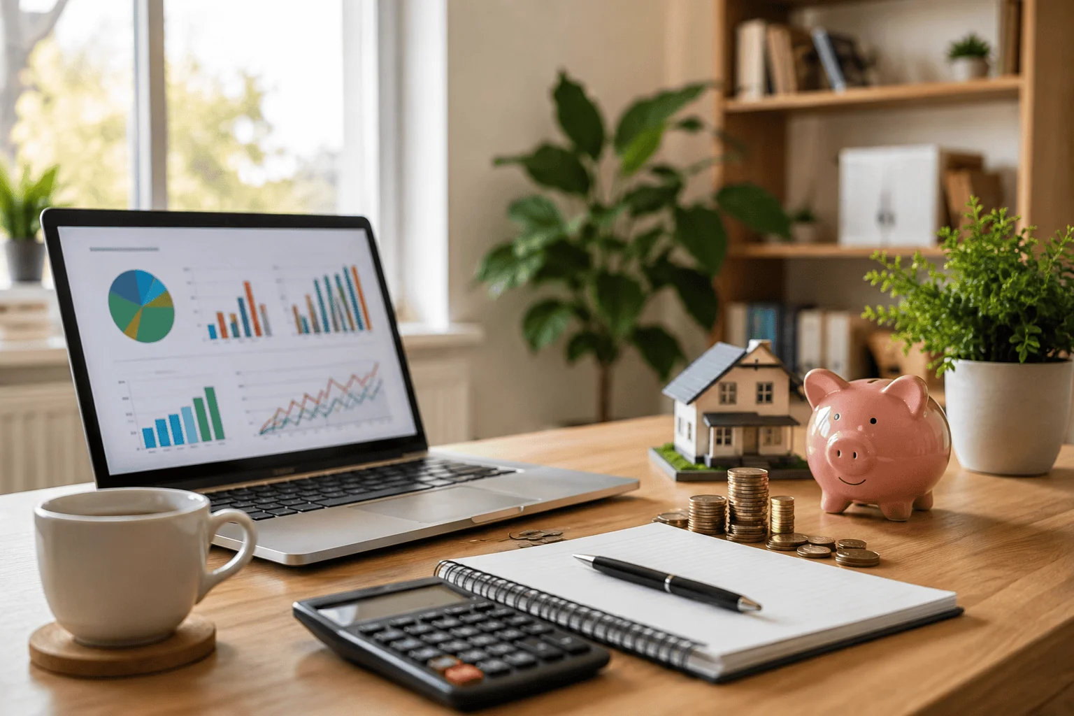 Budgeting workspace with a calculator, pound coins, a savings jar and growth charts