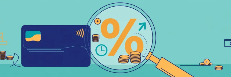 Illustration of a magnifying glass revealing interest charges on a credit card