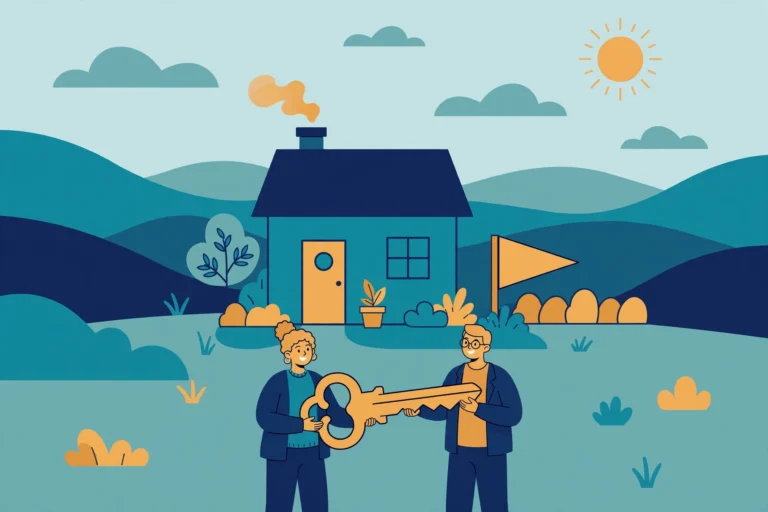 Illustration of a couple holding a large key in front of a new home