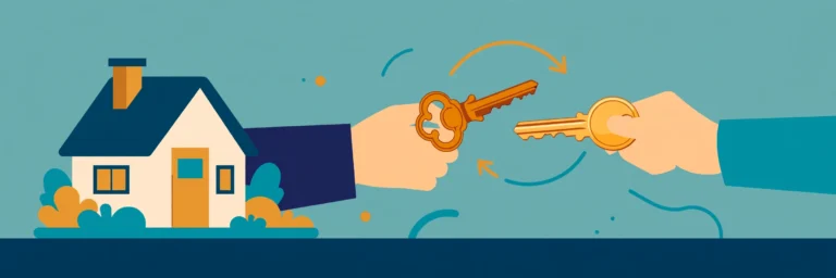 Illustration of exchanging an old key for a new key by a house