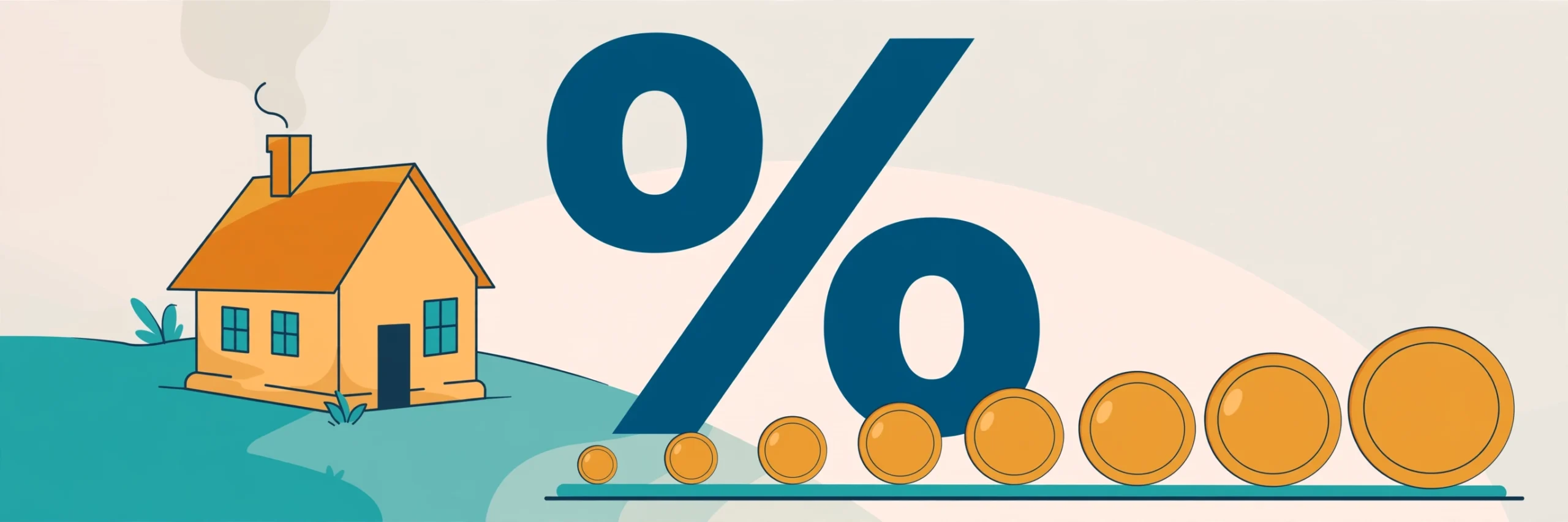 Illustration of a house with a percentage symbol and counted coins
