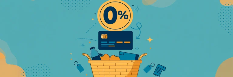 Illustration of a shopping basket with a credit card showing zero percent