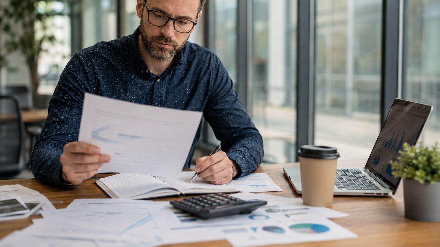 Small business owner reviewing UK business grant funding documents in an office