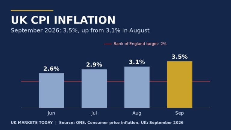 Chart of UK CPI annual inflation from June to September 2026: 2.6%, 2.9%, 3.1% and 3.5%, with the Bank of England 2% target marked. UK Markets Today graphic using ONS data.