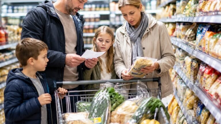 British family shopping in a UK supermarket showing how UK Inflation Today affects grocery prices.