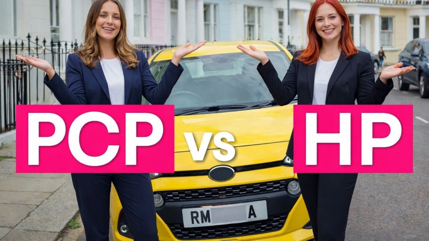 Two women comparing PCP vs HP car finance beside a yellow car.