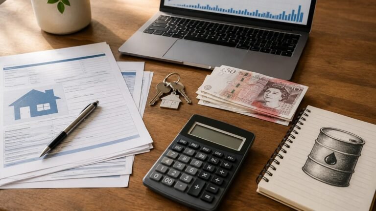 UK mortgage documents with a calculator and financial planning tools